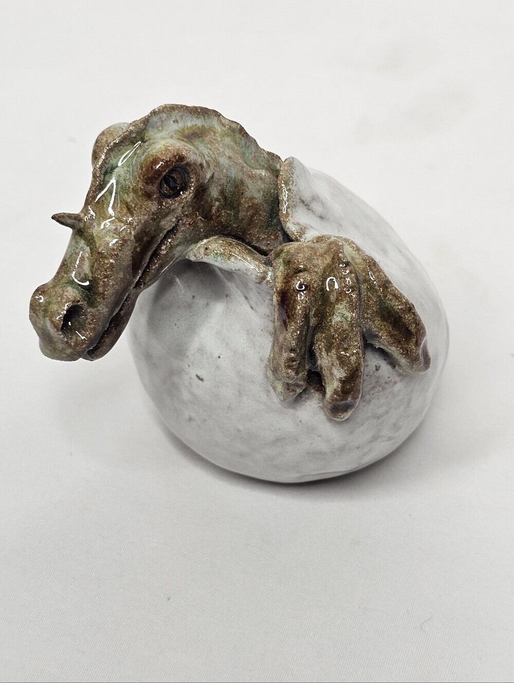 Vintage Ceramic Hatching Dragon Egg Figurine Signed 3" Art Pottery Sculpture